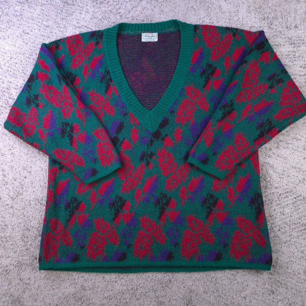 Vintage Benetton Sweater Womens XL Floral V-Neck Knit Made In Italy Pullover 80s